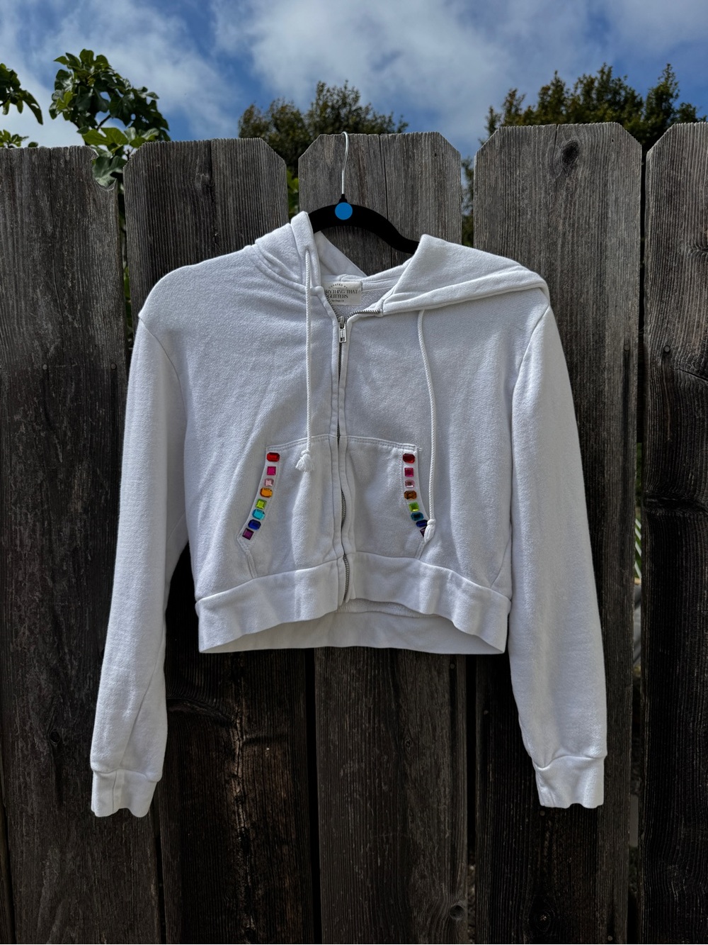 Everything That Glitters Cropped White Zip Hoodie Rainbow Bedazzled Handmade